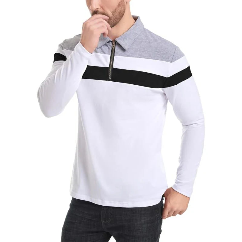 Herren Langarm Poloshirt mit Streifen | 1/4 Reißverschluss, Baumwolle, Slim Fit Golfshirt