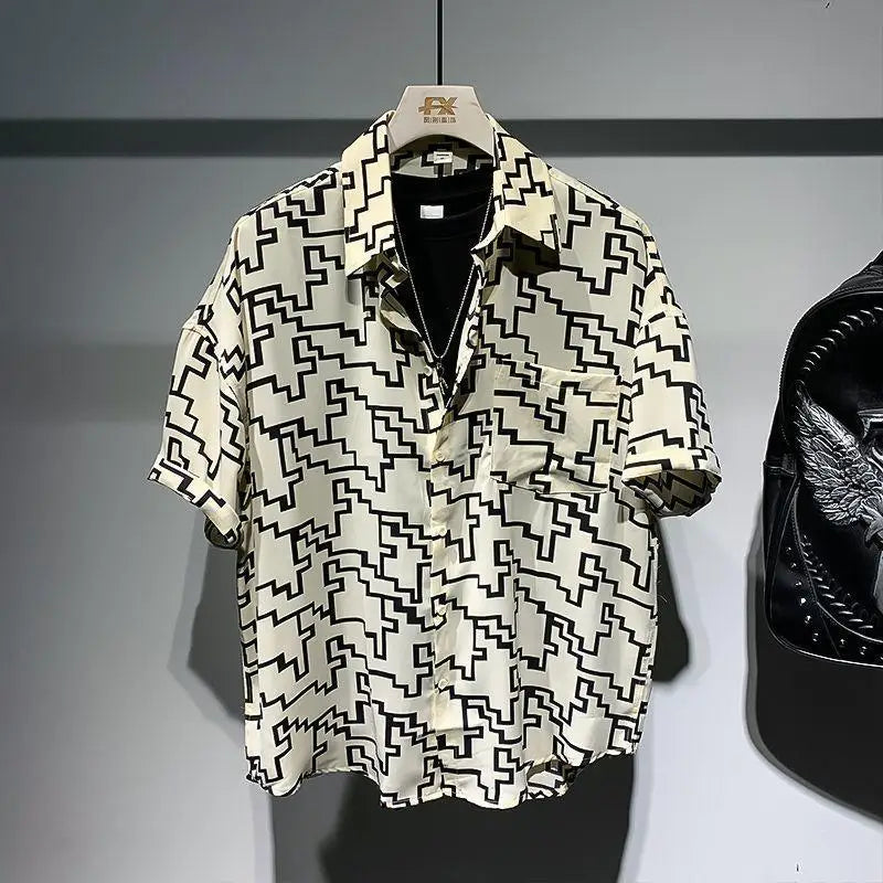 herren oversize-blumenhemd hongkong-stil, kurzarm, reverskragen