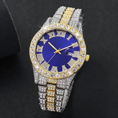 2er-set luxus herrenuhr & armband quarzuhr mit kalender & strass