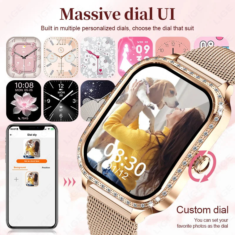 2025 Fashion Women Smart Watch Bluetooth Call Custom Watch Face Fitness Tracker IP68 Waterproof Smartwatch Woman for Android IOS