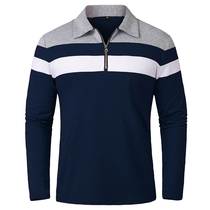 Herren Langarm Poloshirt mit Streifen | 1/4 Reißverschluss, Baumwolle, Slim Fit Golfshirt