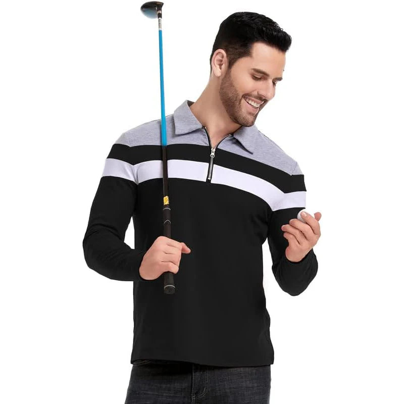 Herren Langarm Poloshirt mit Streifen | 1/4 Reißverschluss, Baumwolle, Slim Fit Golfshirt