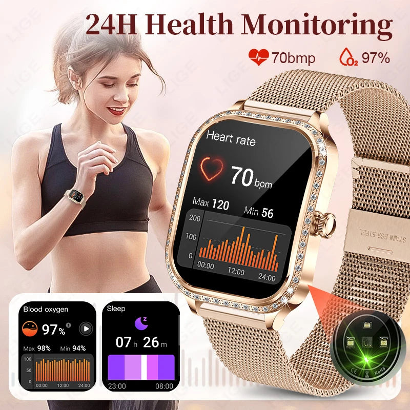 2025 Fashion Women Smart Watch Bluetooth Call Custom Watch Face Fitness Tracker IP68 Waterproof Smartwatch Woman for Android IOS