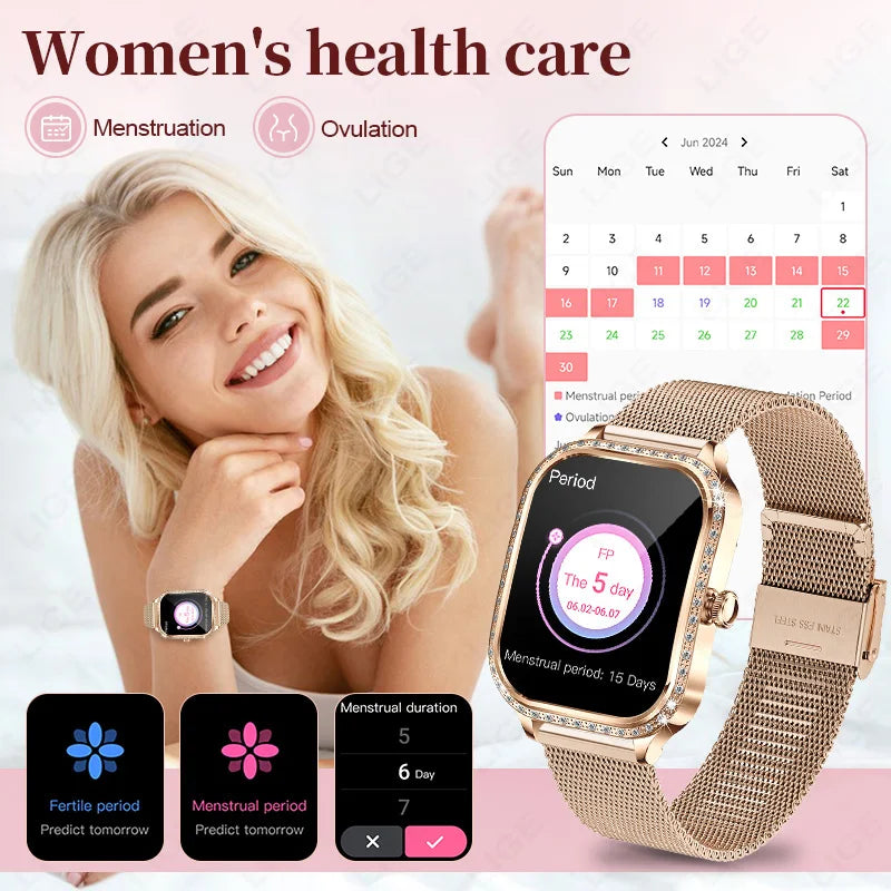 2025 Fashion Women Smart Watch Bluetooth Call Custom Watch Face Fitness Tracker IP68 Waterproof Smartwatch Woman for Android IOS