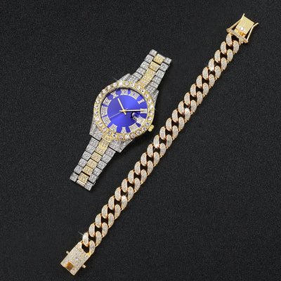 2er-set luxus herrenuhr & armband quarzuhr mit kalender & strass