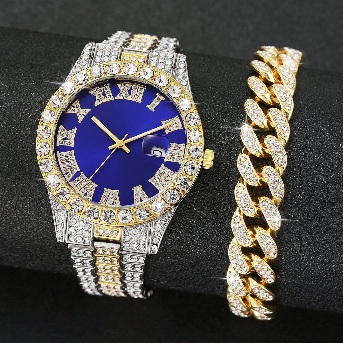 2er-set luxus herrenuhr & armband quarzuhr mit kalender & strass