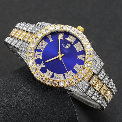 2er-set luxus herrenuhr & armband quarzuhr mit kalender & strass