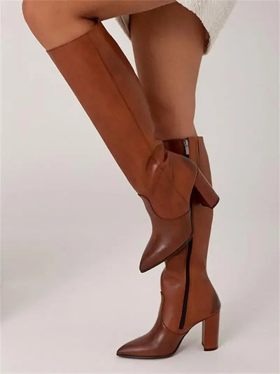 Women's knee-high boots with pointed toe, elegant high-heel cowgirl look