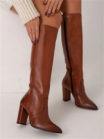 Women's knee-high boots with pointed toe, elegant high-heel cowgirl look