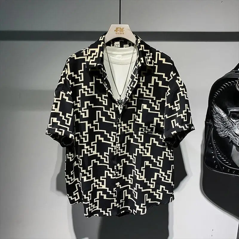 herren oversize-blumenhemd hongkong-stil, kurzarm, reverskragen