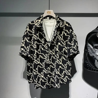 herren oversize-blumenhemd hongkong-stil, kurzarm, reverskragen